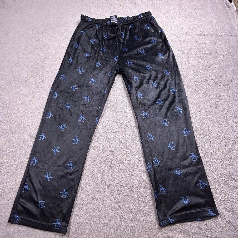 Original Penguin Lounge Pants Mens L Black Blue Plush Fleece AOP Sleepwear Cozy